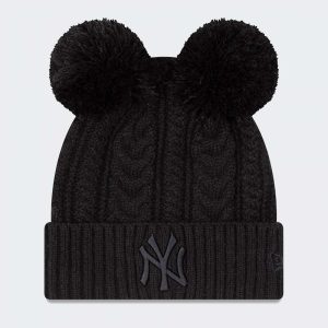 New Era New York Yankees Double Pom Womens Black Bobble Beanie Hat - Black